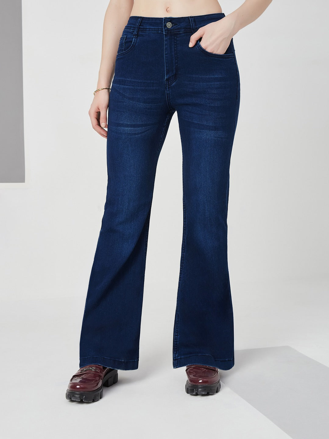 Navy Blue High-Rise Stretchable Bootcut Denim Jeans for Women