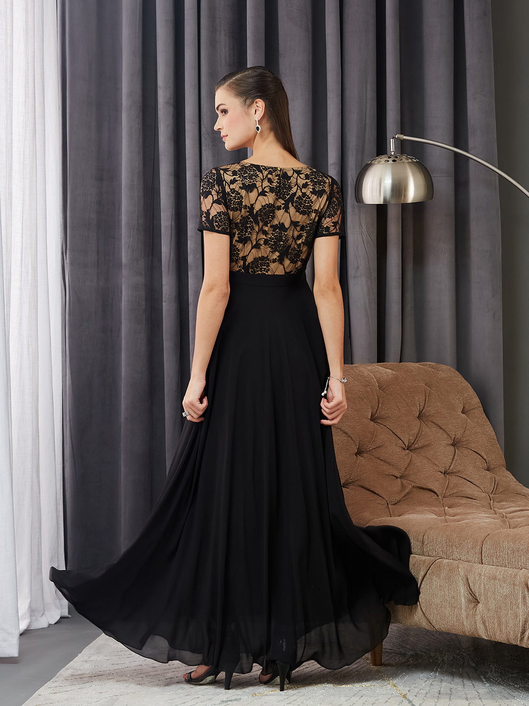 Women's Black Round Neck Half Sleeve Self Design Fit & Flare Georgette Maxi Dress