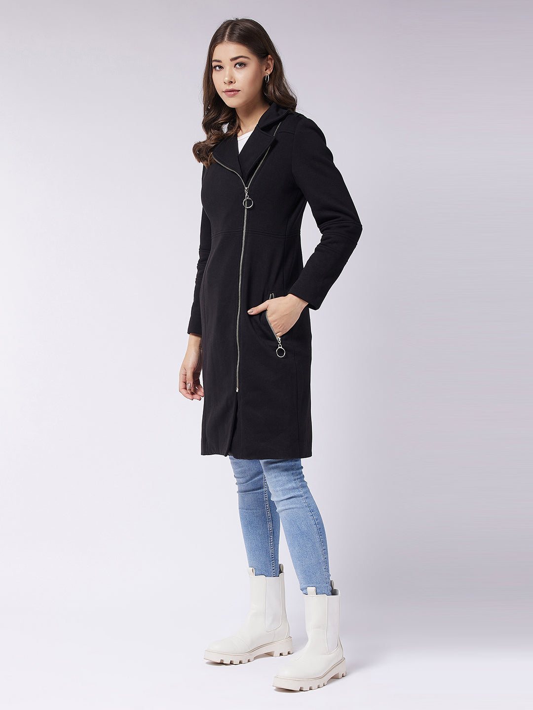 Women's Black Notch Collar Multi Panelled Full Sleeve Solid Double Breasted Knee Length Jacket