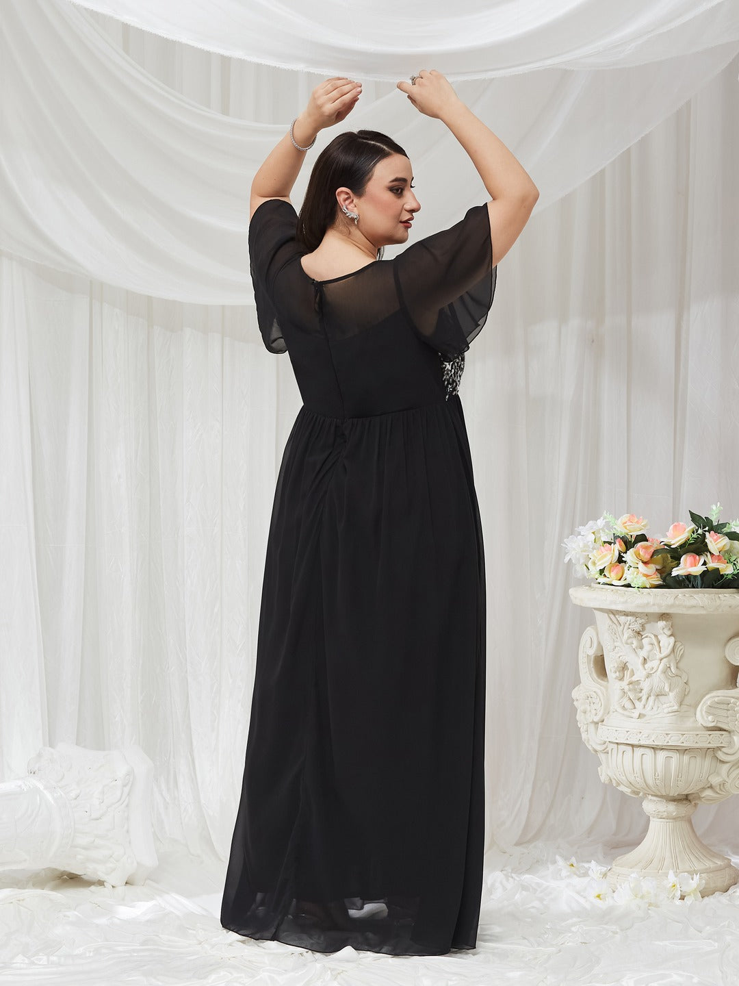 Black Embellished Gathered Maxi Dress for Women — Miss Chase A+