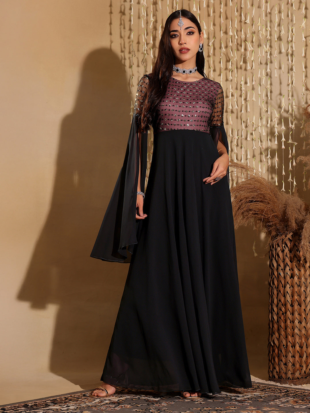 Women's Black & Lavender Relaxed Fit Maxi Georgette & Sequins Dress