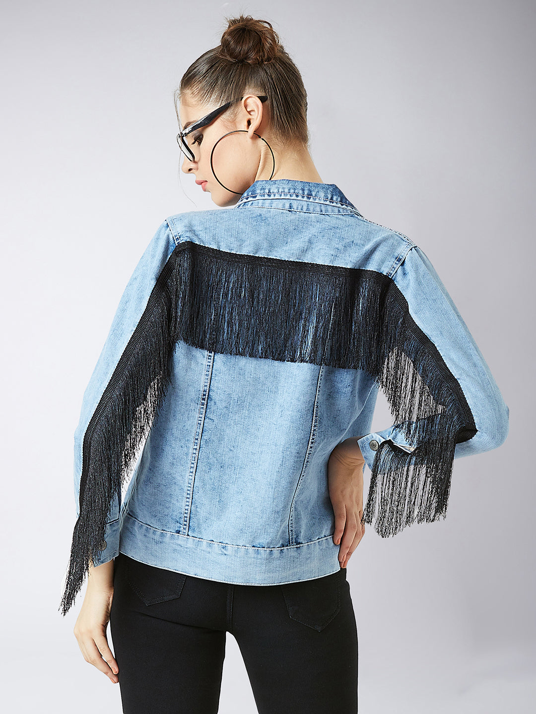 Women's Light Blue Collared Full Sleeves Solid Fringed Jacket
