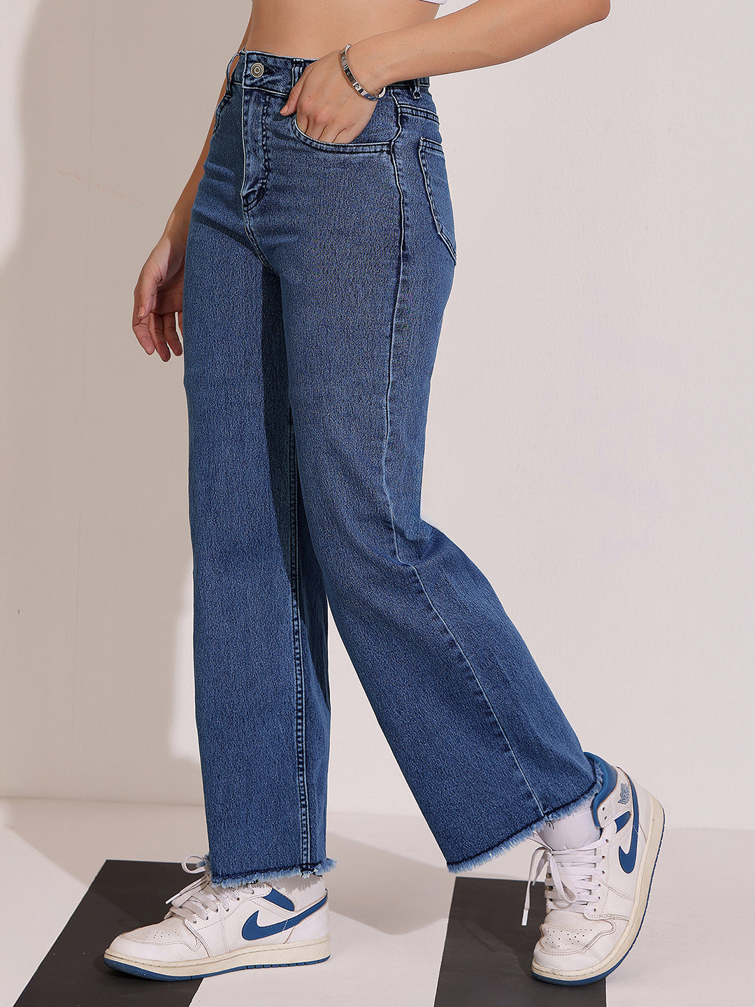 24/7 Comfort Navy-Blue Wide-Leg High Rise Regular-Length Stretchable Denim Jeans