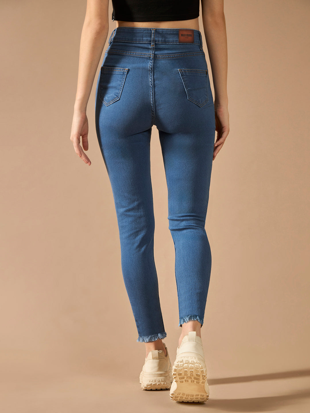 Women's Blue Skinny High-Rise Cropped-Length Fringe Detailing Stretchable Denim Jeans