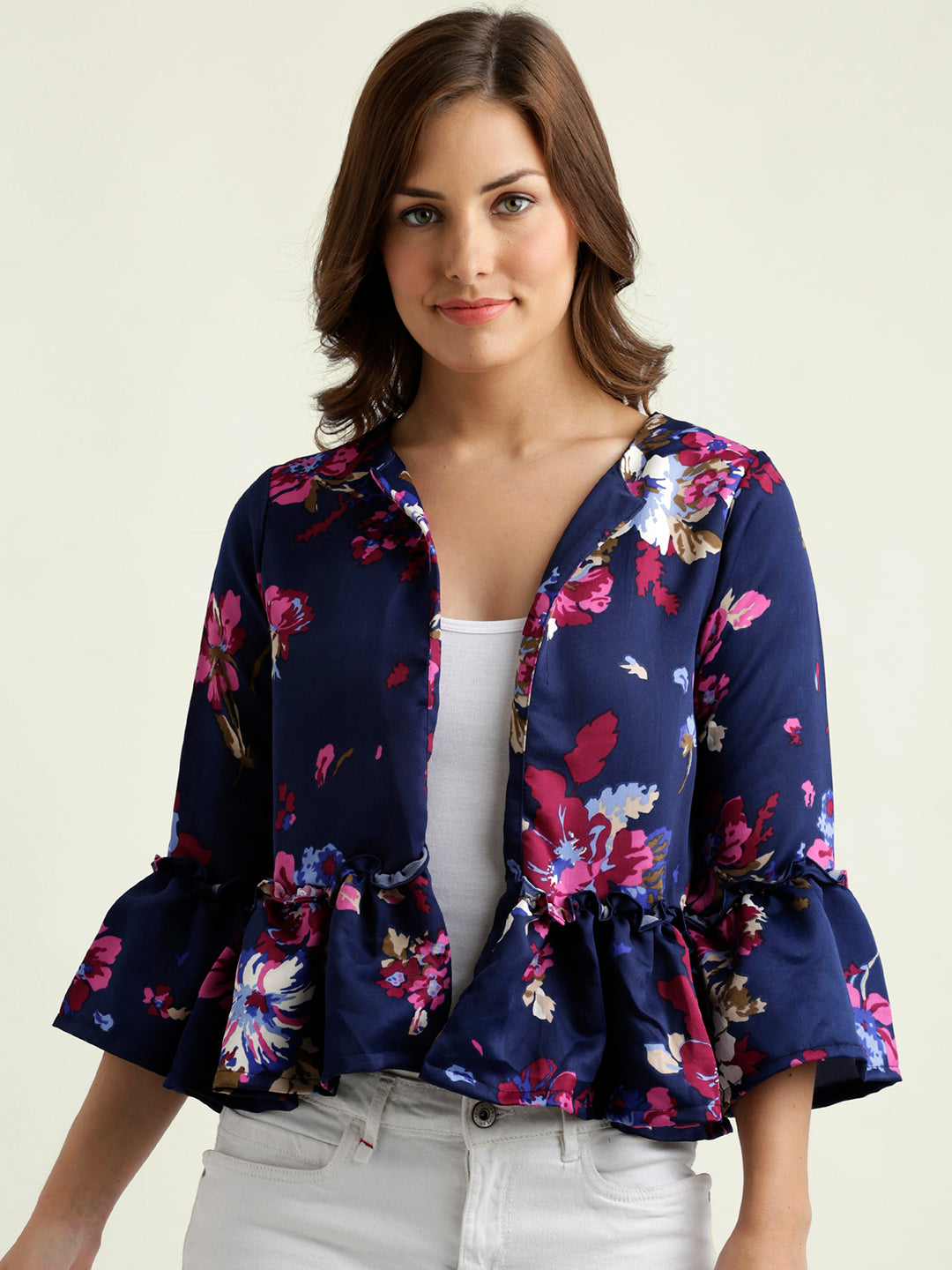 Women's Multicolored Round Neck 3/4 Sleeve Floral Ruffled Open Front Jacket