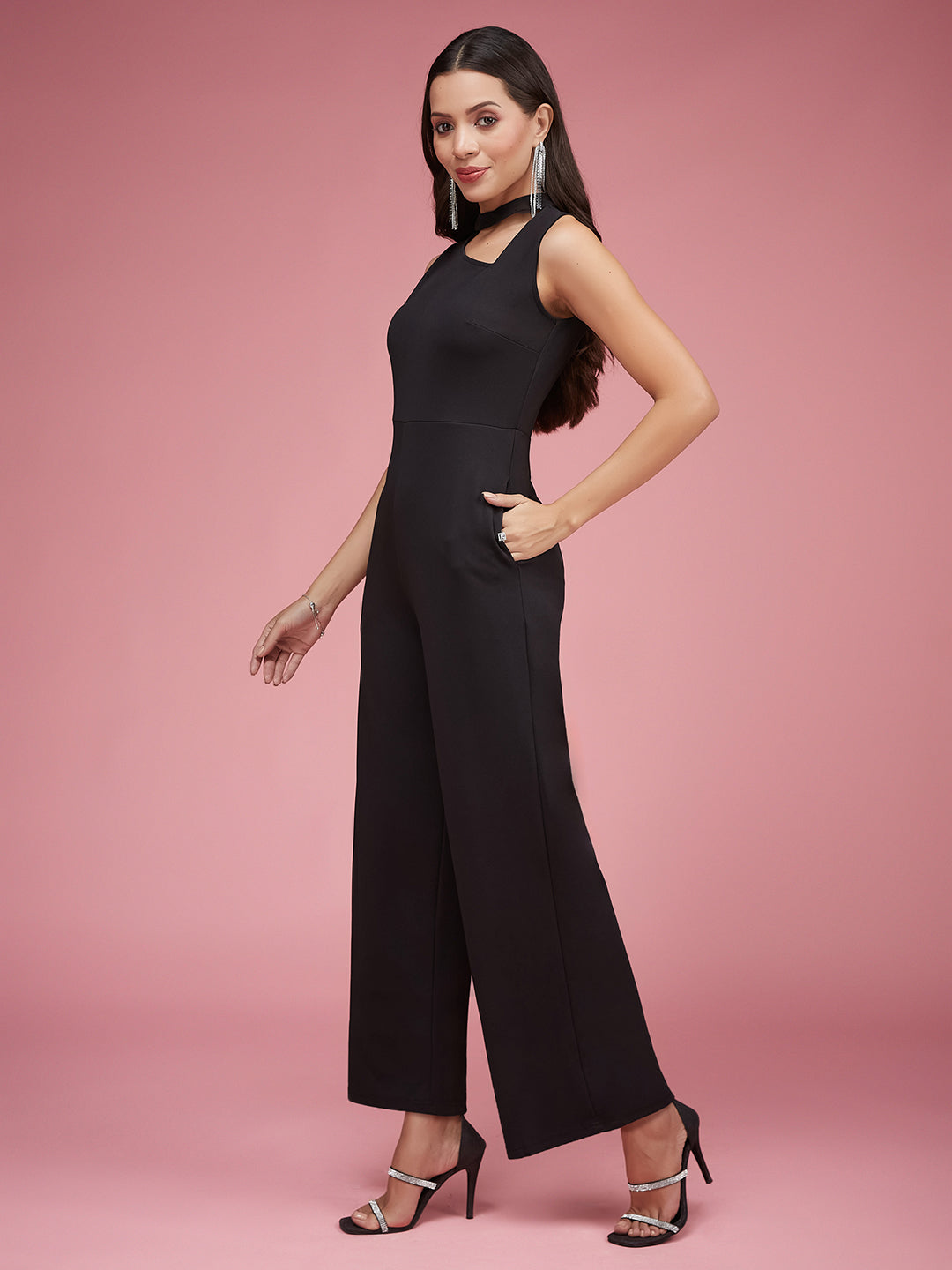 Women's Black V-Neck Sleeveless Solid Wide-Leg Regular Length Jumpsuit