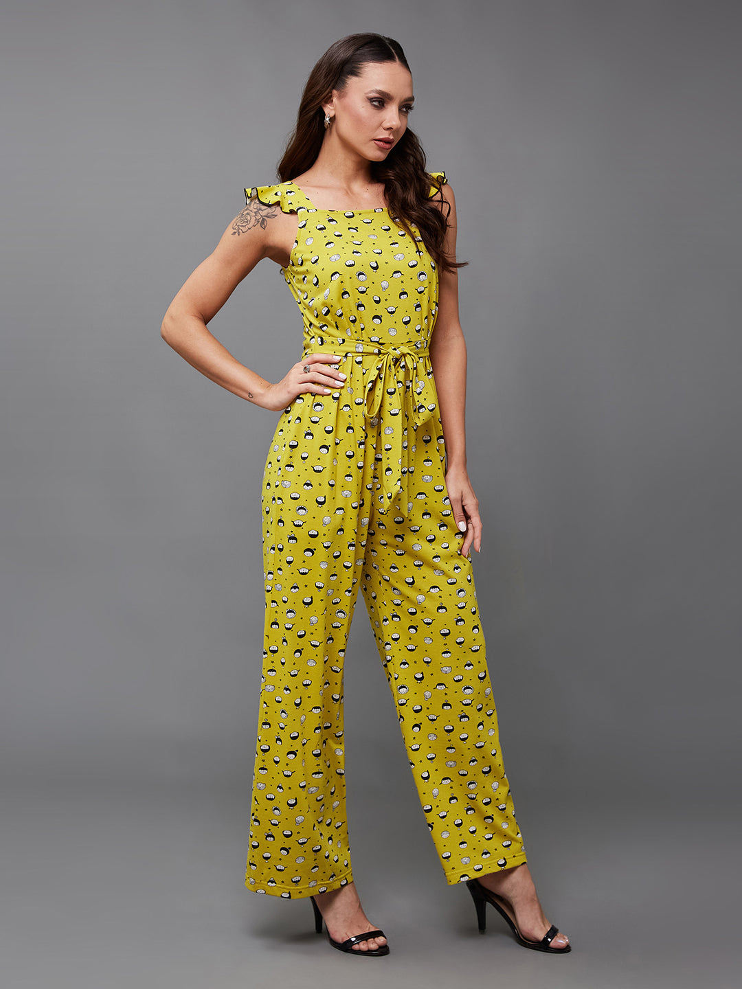 Women's Multicolored-Base-Mustard Square Neck Sleeveless Conversational Waist Tie-Up Regular-Length Cotton Jumpsuit