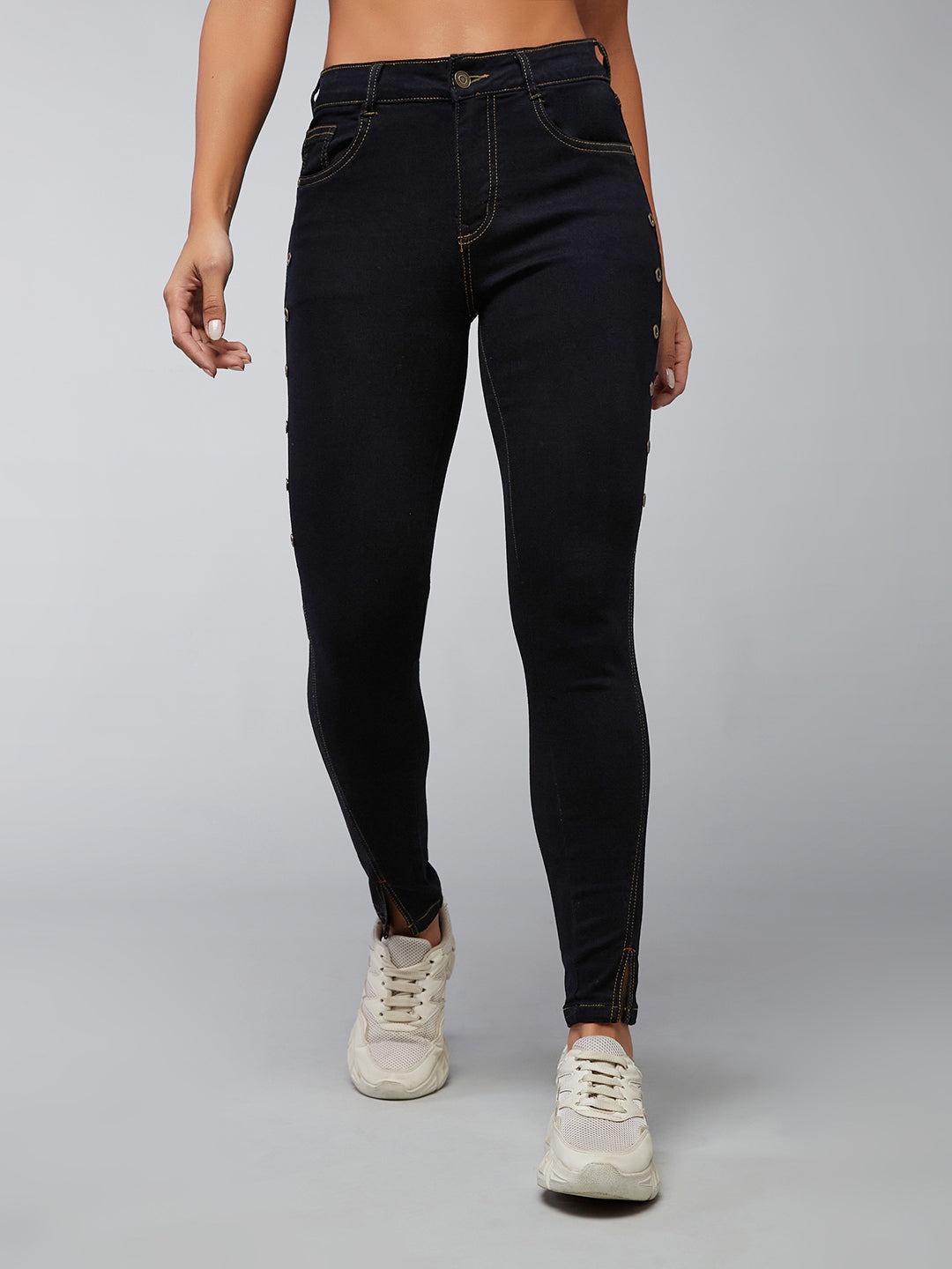 Women's Black Skinny High-Rise Side-Slit Solid Eyelet Embellished Cropped-Length Stretchable Denim Jeans