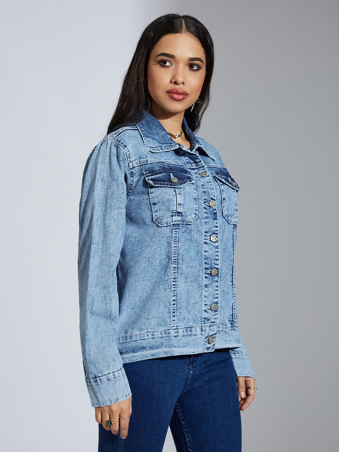 Women's Light Blue Collared Full Sleeve Solid Embellished Regular Length Denim Jacket