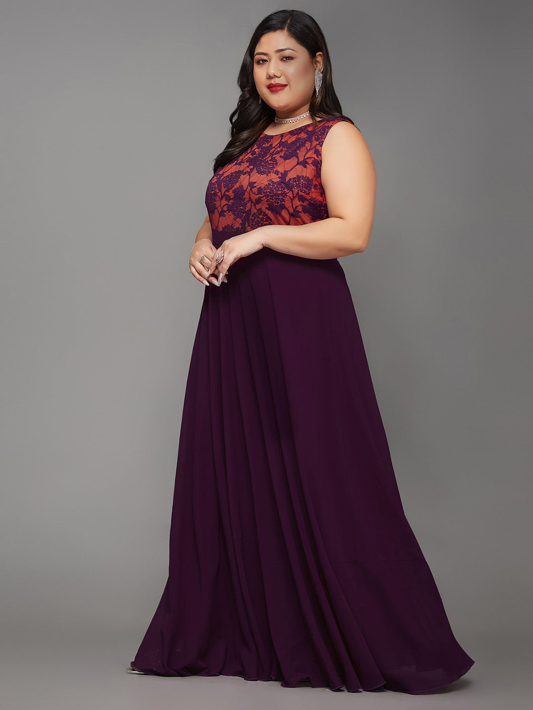 Body Bliss Dark Purple Georgette & Lace Floral Fit & Flare Maxi Dress