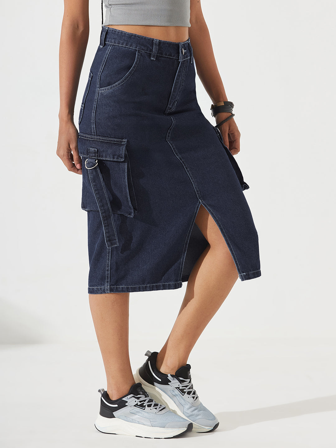 Navy Blue Straight High-Rise Midi Denim Skirt for Women