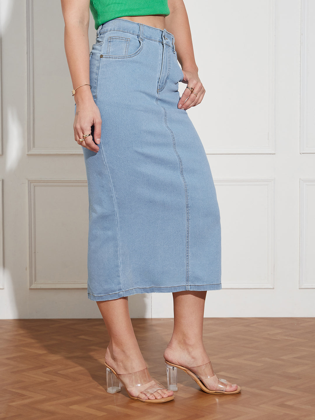 Women's Light Blue Straight High Rise Clean Look Midi Stretchable Denim Denim Skirt