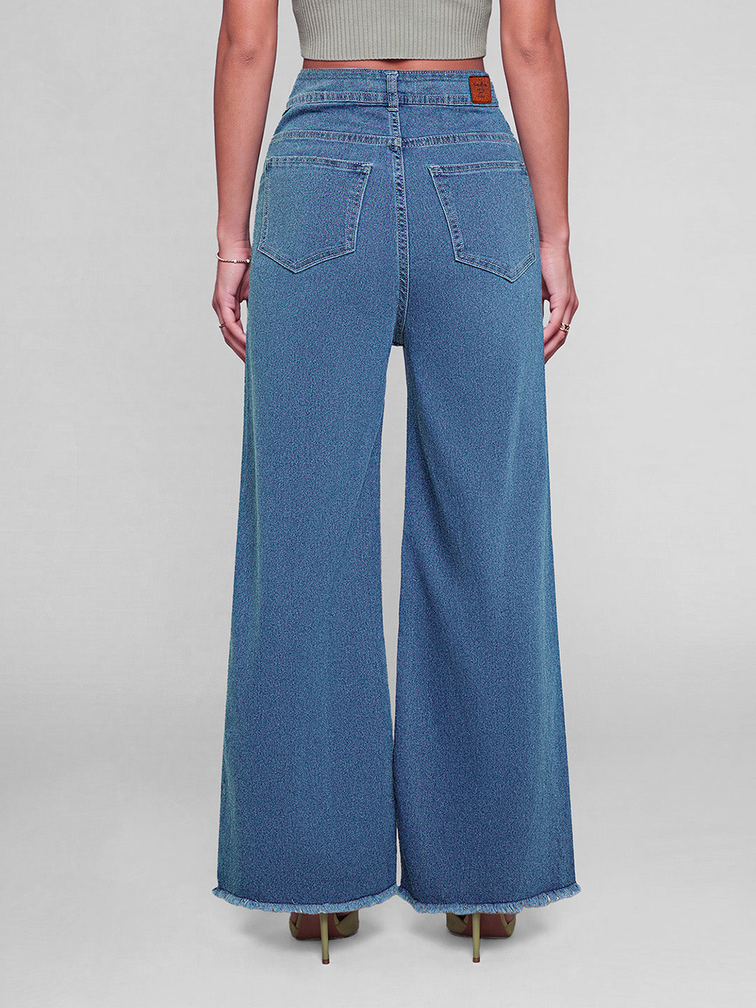 Blue Wide-Leg High-Rise Stretchable Denim Jeans for Women