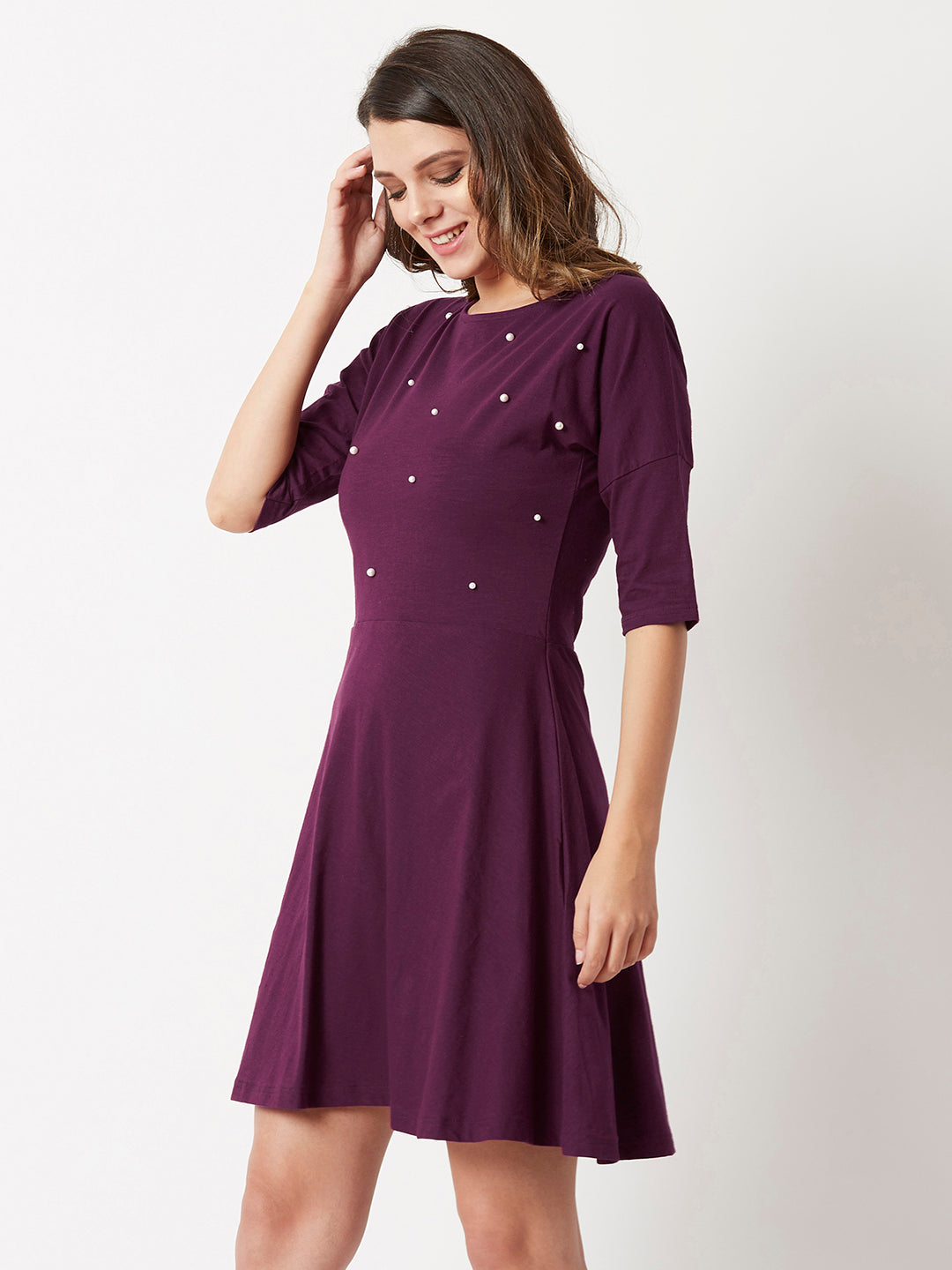 Women's Magenta Round Neck 3/4 Sleeve Cotton Solid Pearl Detailing Mini Skater Dress