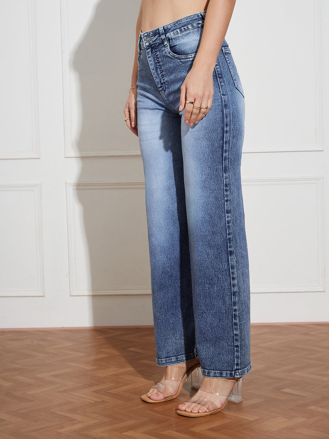 Women's Light Blue Wide-Leg High-Rise Clean-Look Regular-Length Stretchable Denim Jeans