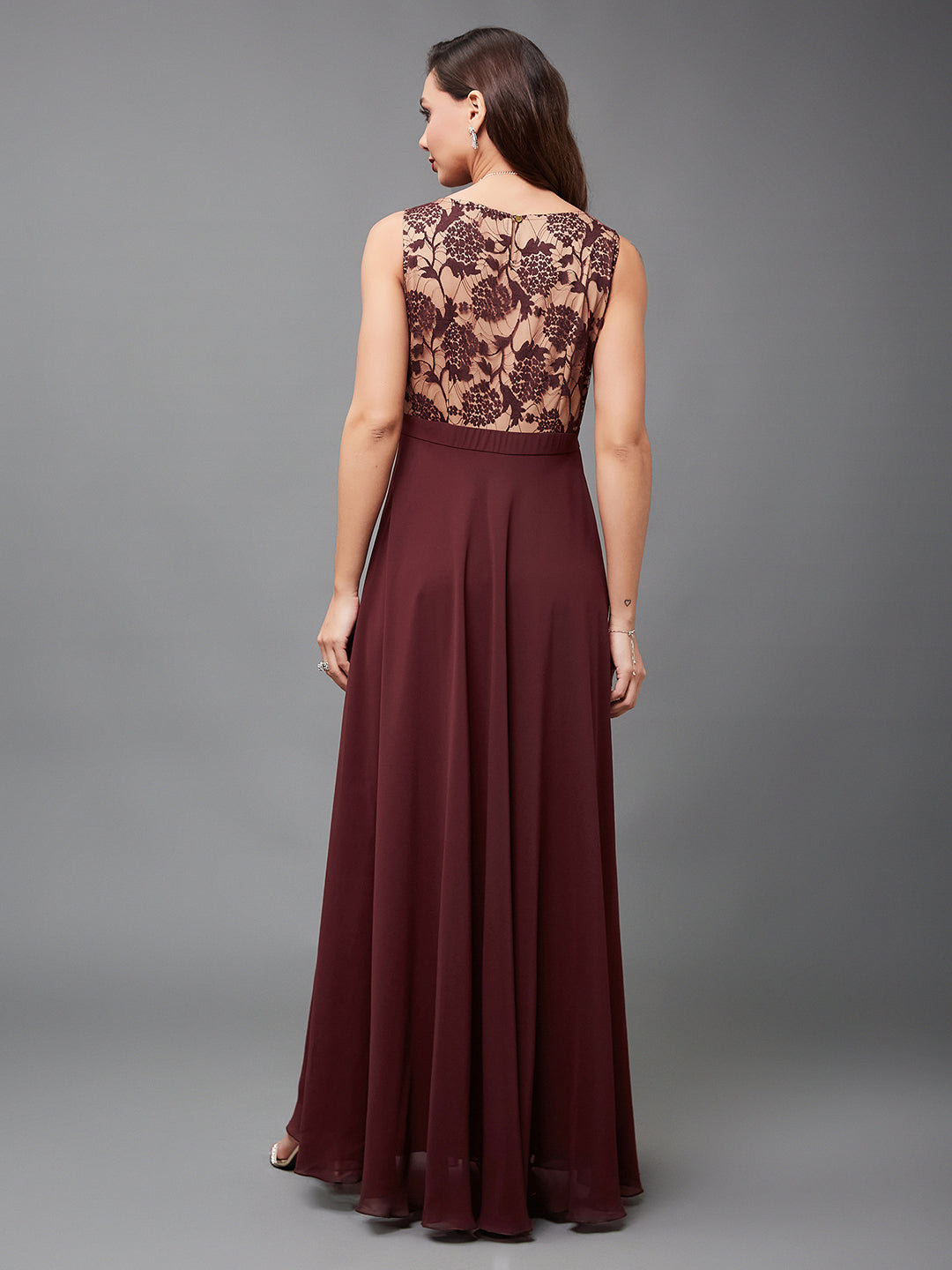 Women's Beige & Wine Round Neck Sleeveless Georgette Floral Lace Fit & Flare Maxi Dress