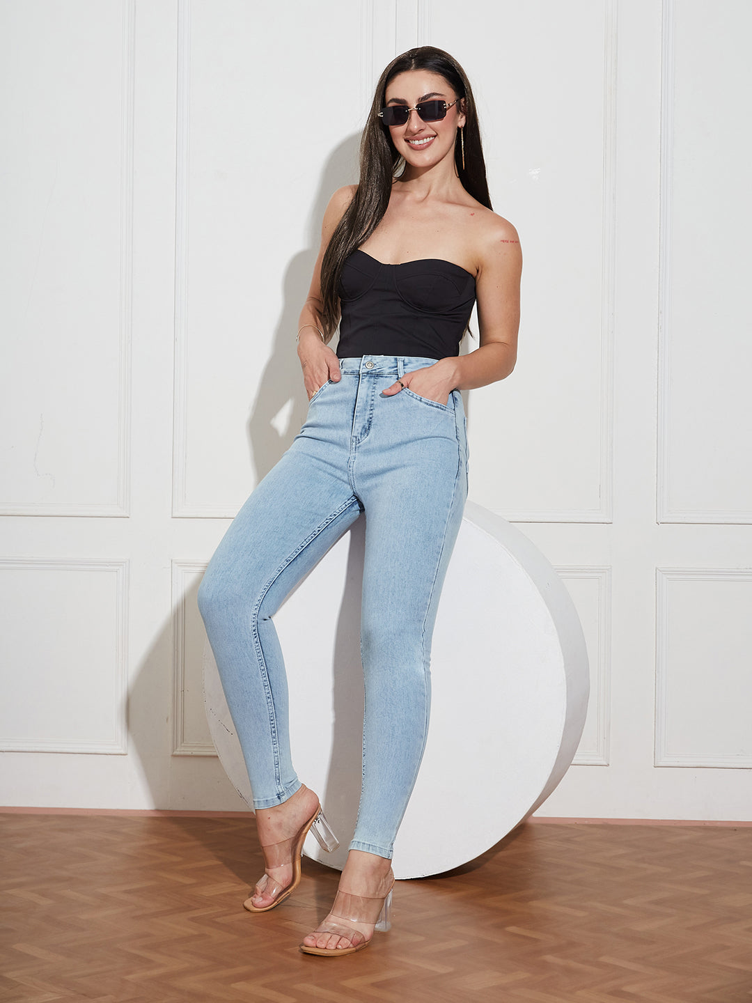 Women's Blue Skinny-Fit High-Rise Clean-Look Regular-Length Stretchable Denim Jeans