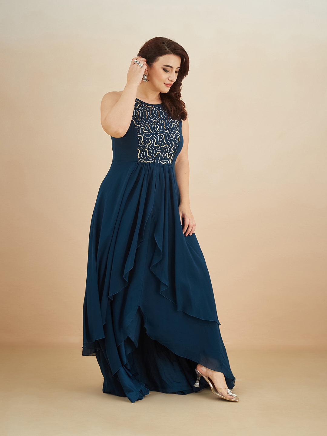 Teal Round Neck Sleeveless Solid Embellished Maxi Dress for Women — Miss Chase A+