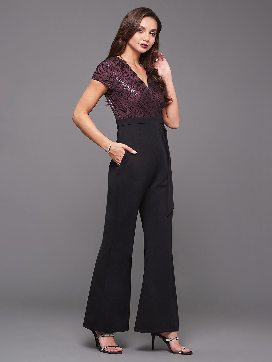 Women's Cocktail Black V-Neck Short Sleeve Sequined Wrap Party Jumpsuit