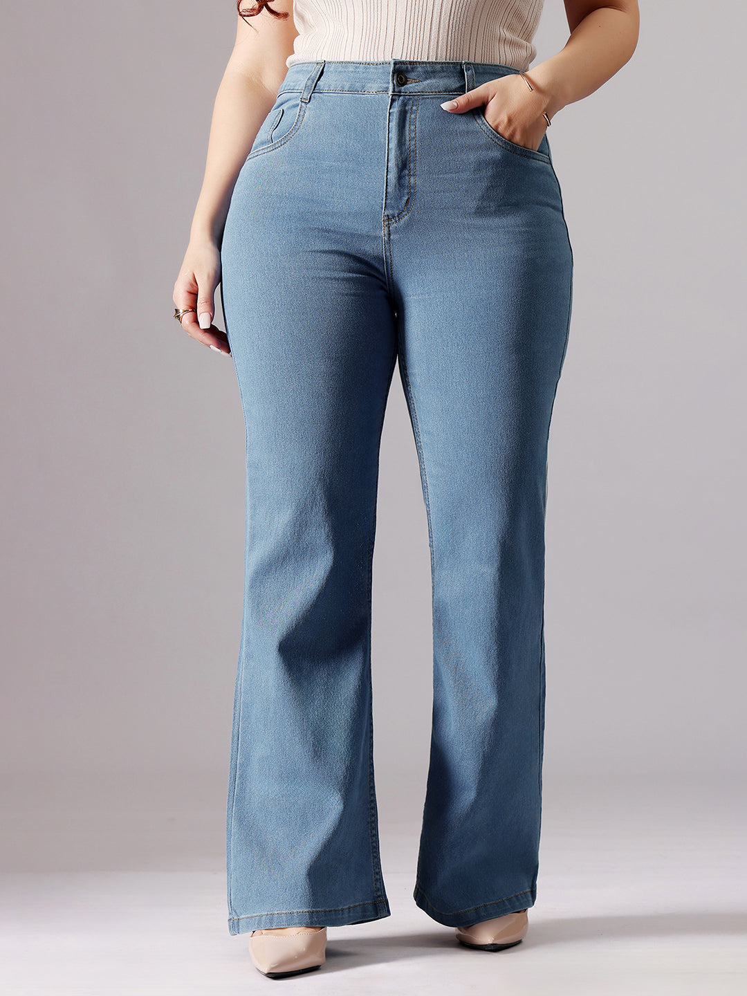 Women's Light Blue Bootcut High-Rise Clean-Look Stretchable Denim Jeans