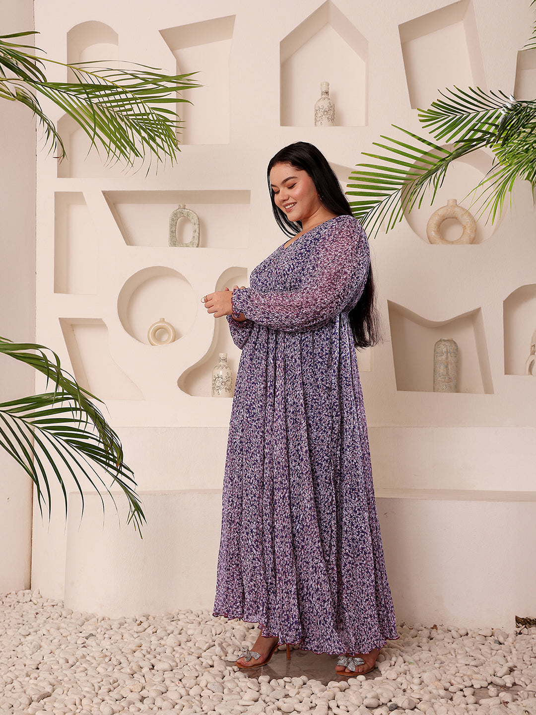 Body Bliss Multicolored-Base-Purple V-Neck Bishop Sleeve Floral Gathered Chiffon Maxi Dress