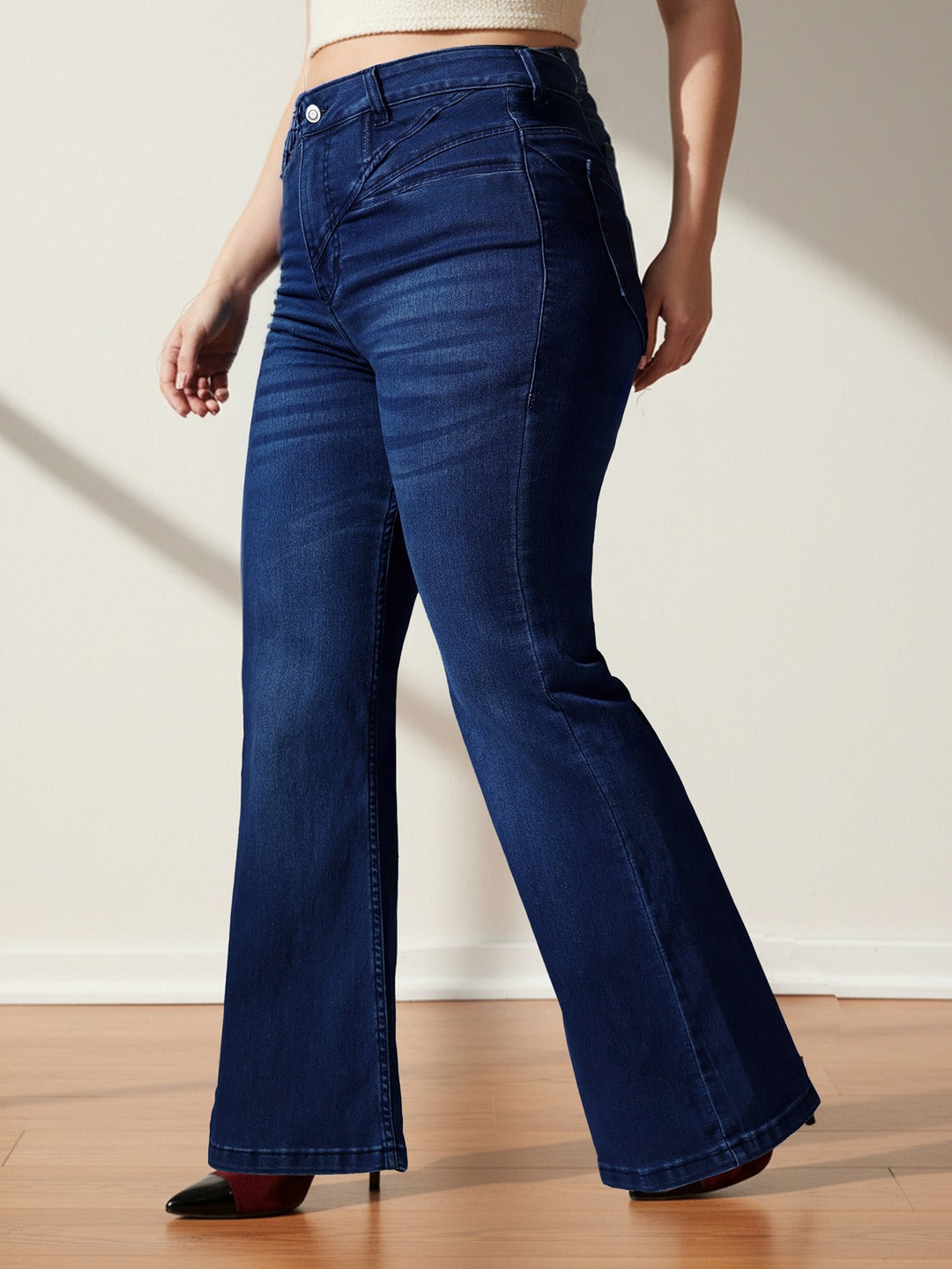 Mid Blue Wide-Leg High-Rise Stretchable Denim Jeans for Women