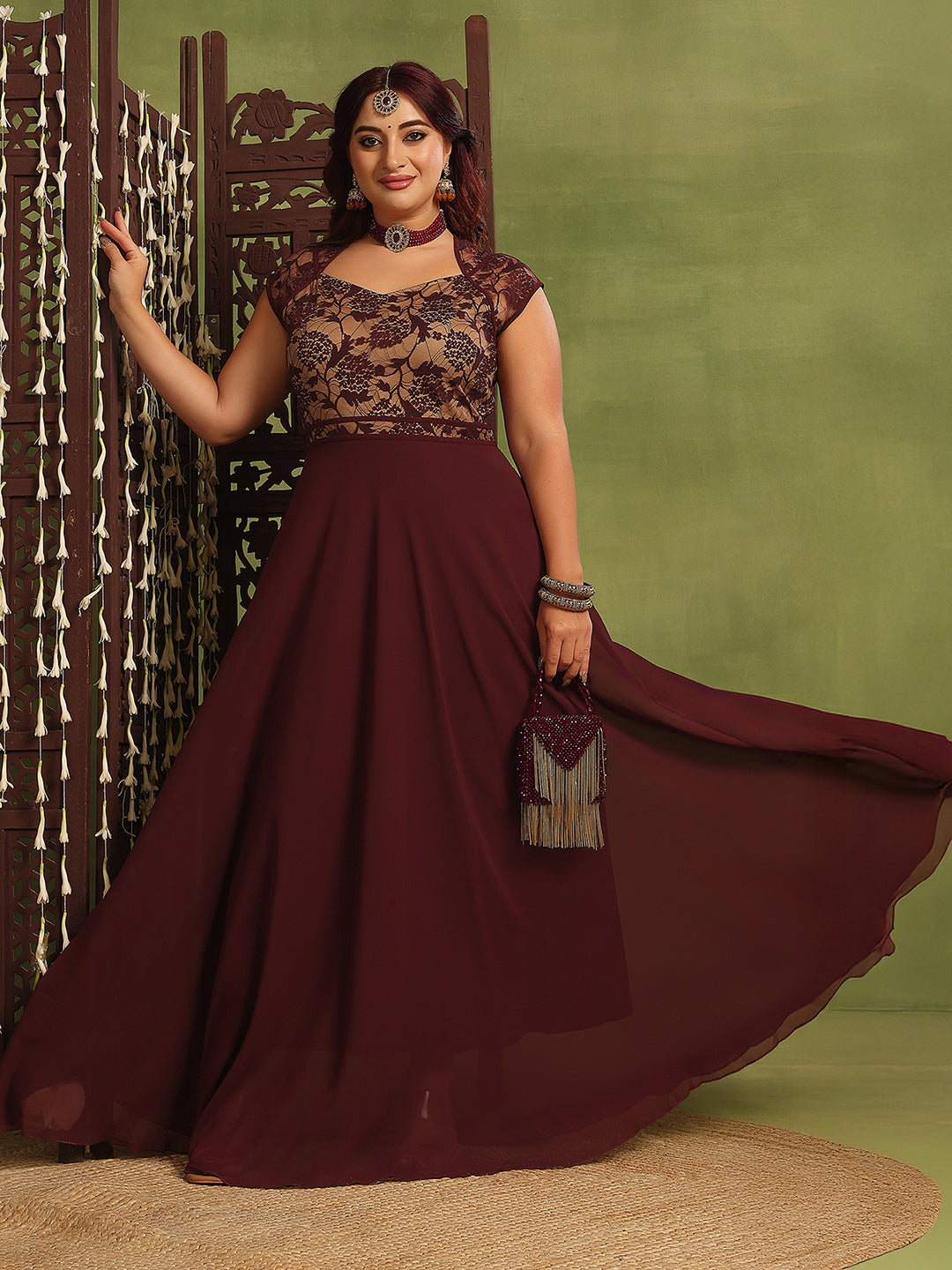 Wine Floral Cap Sleeves Fit and Flare Lace Maxi Dress for Women
