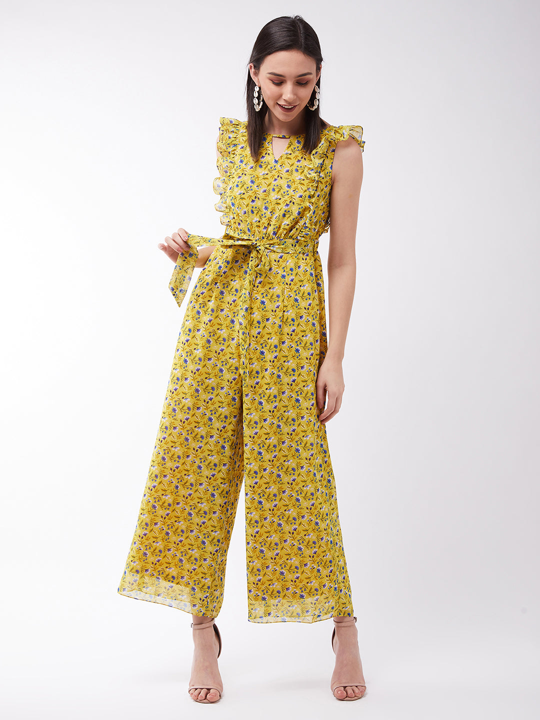 Women's Multicolored-Base-Yellow Round neck Sleeveless Floral Wide-Leg Regular Jumpsuit