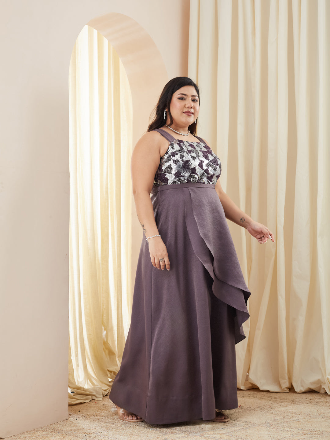 Dusty Purple Square Neck Gown in Layered Embellished Satin for Women