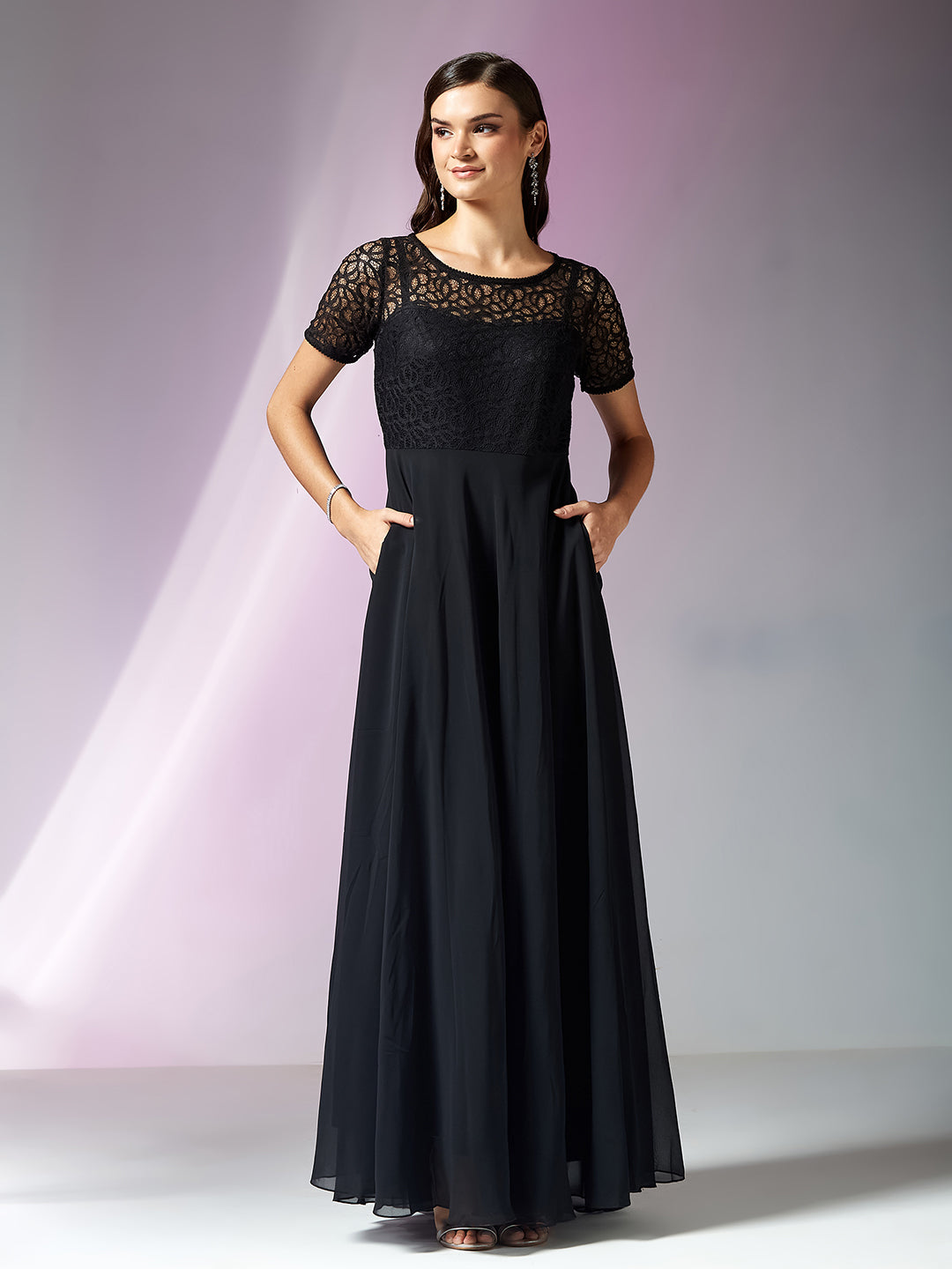 Black Short Sleeves Lace Fit and Flare Maxi Dress for Women — Miss Chase