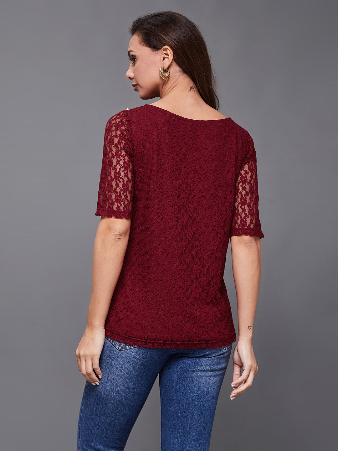 Maroon Round Neck Half Sleeves Cotton Solid Lace And Pearl Detailing Top for Women
