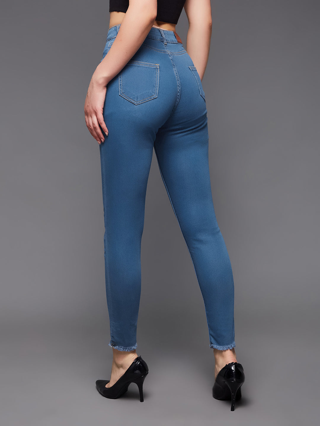 Women's Blue Skinny High-Rise Cropped-Length Fringe Detailing Stretchable Denim Jeans