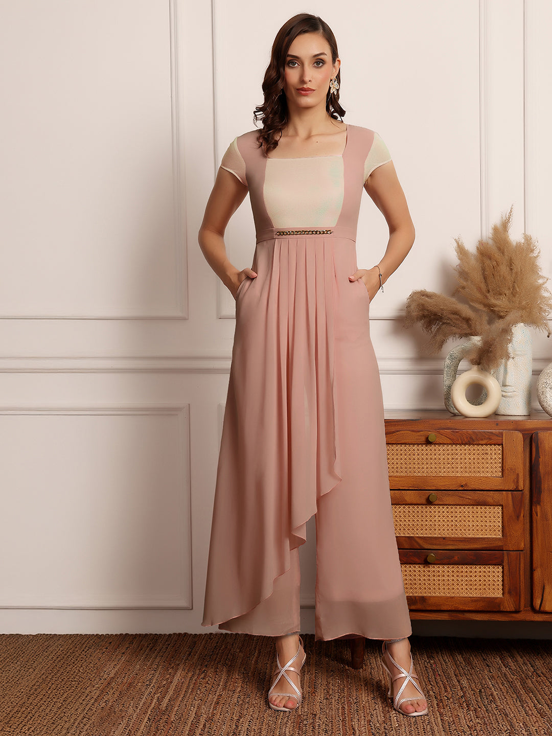 Women's Dusty Peach Square Neck Short Sleeve Embellished Pleated Regular-Length Jumpsuit