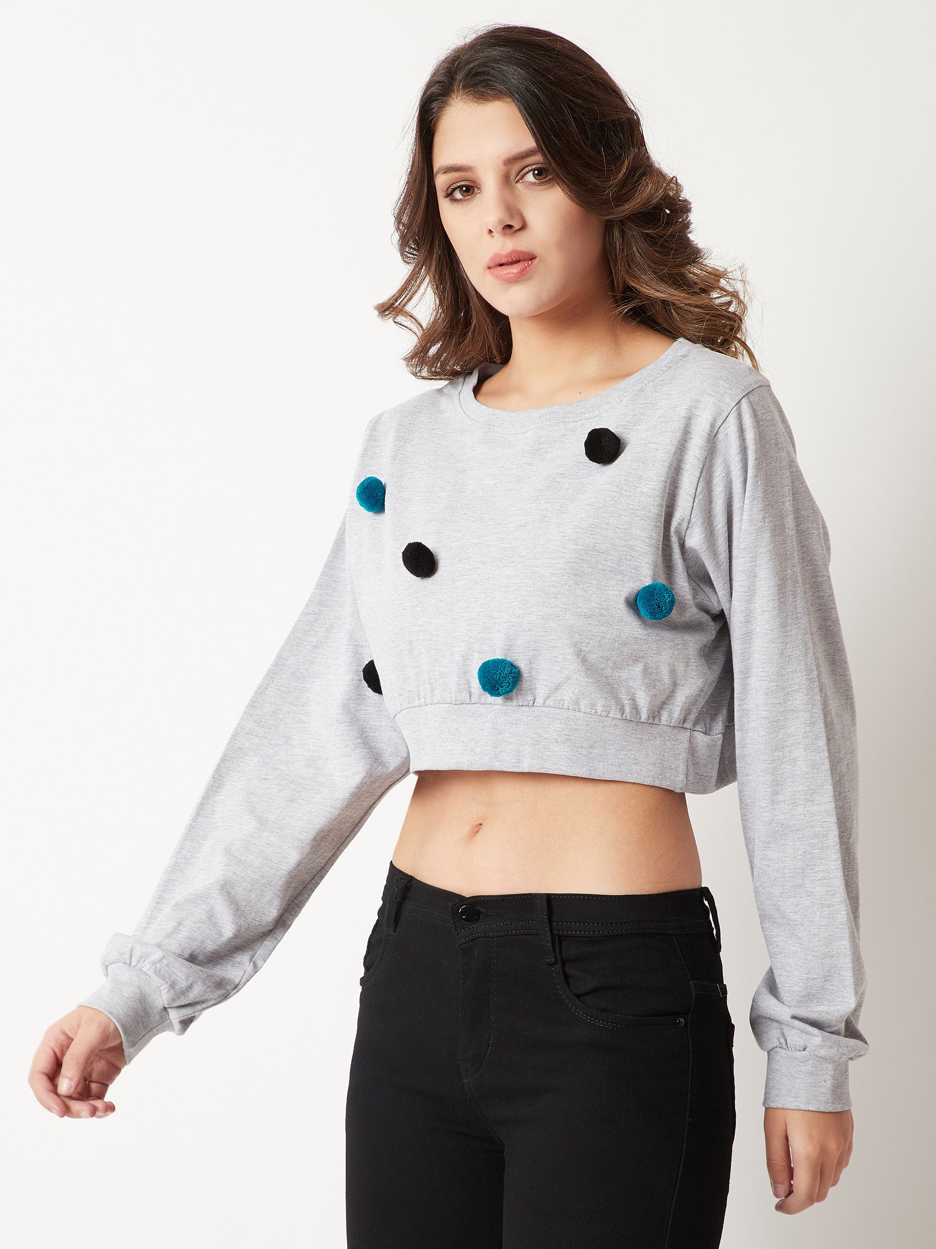 Women's Grey Round Neck Full Sleeve Cotton Solid Boxy Pompom Detailing Crop Top