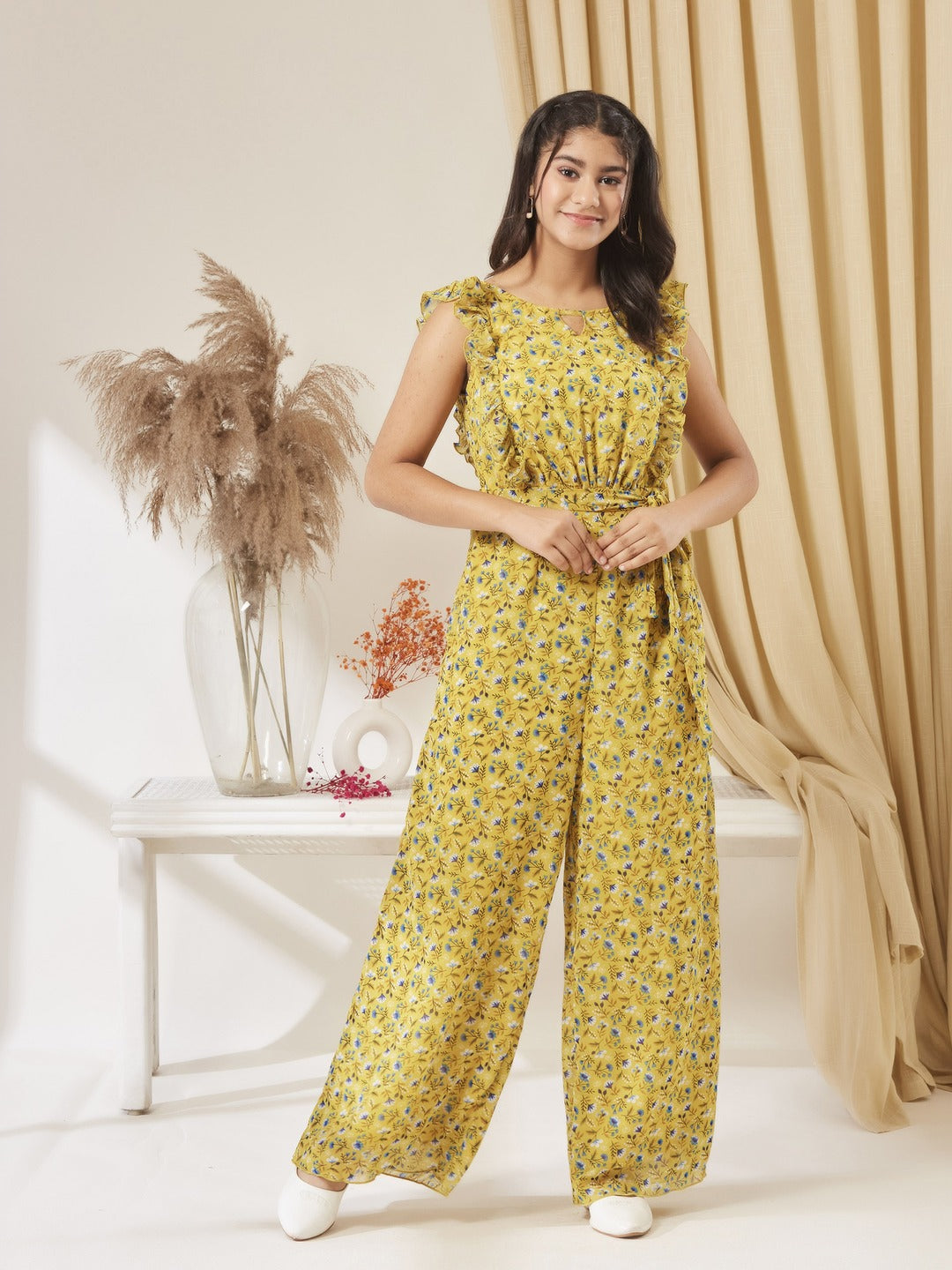 Yellow Round neck Sleeveless Floral Wide Leg Regular Jumpsuit for Girls/Teenagers