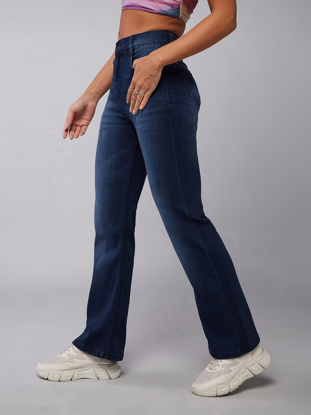 24/7 Comfort Navy-Blue Wide-Leg Mid-Rise Stretchable Denim Jeans