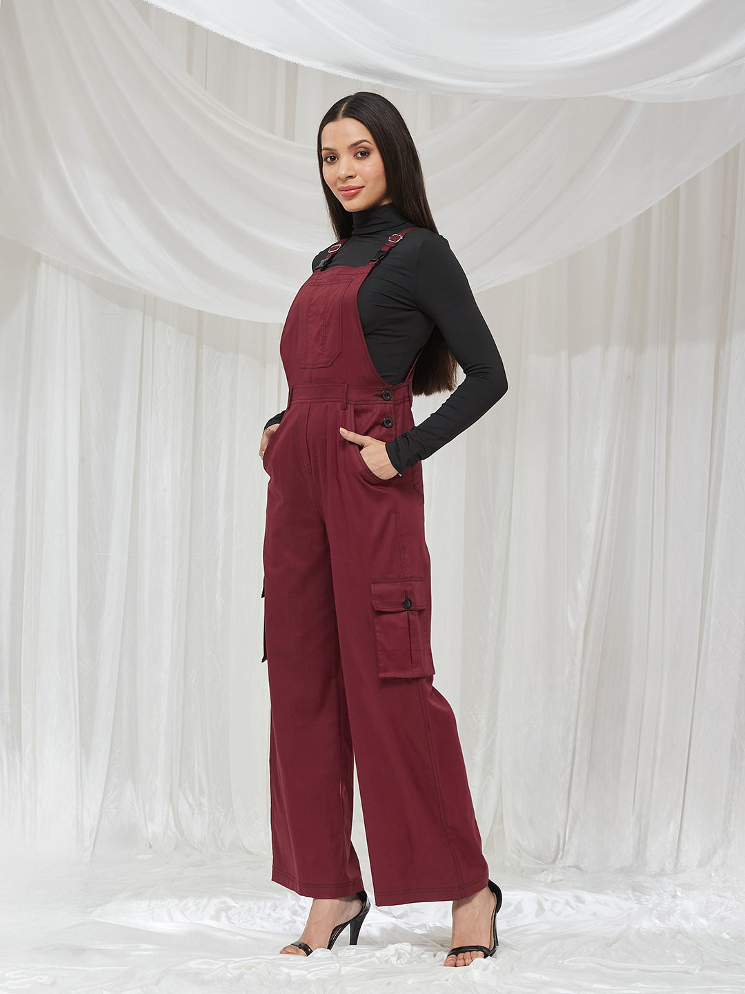 Maroon Square Neck Sleeveless Solid Full Length Cotton Dungaree for Women