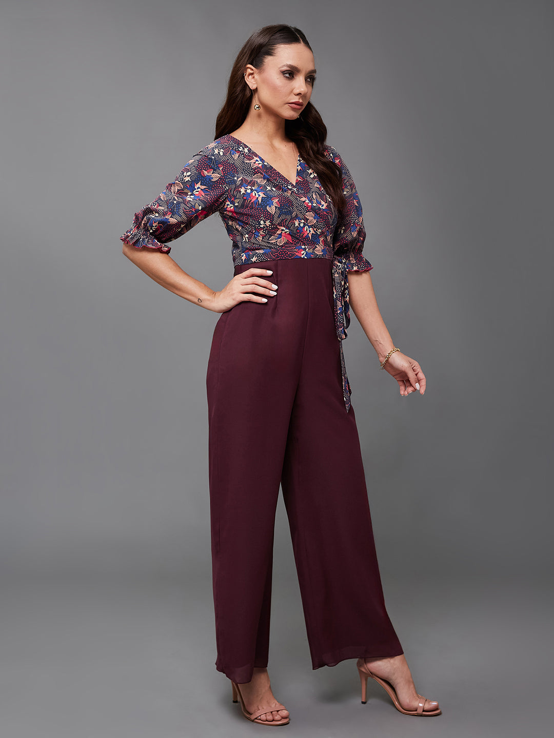 Women's Multicolored-Base-Wine V-Neck Puff Sleeve Floral Patterned Wrap Regular Georgette Jumpsuit