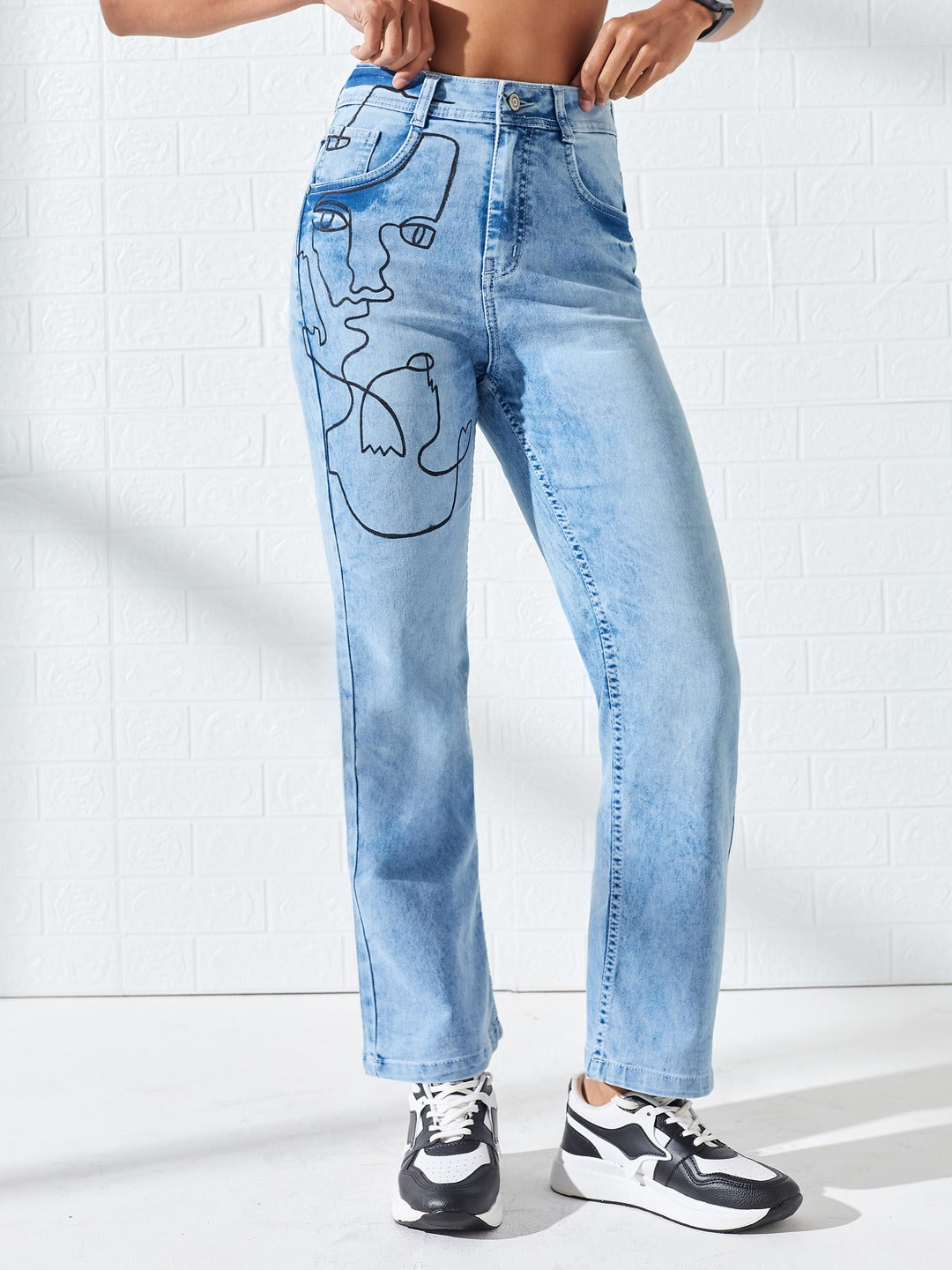 Hand-Painted Light Blue Mom Fit High-Rise Heavy Wash Stretchable Denim Jeans For Women