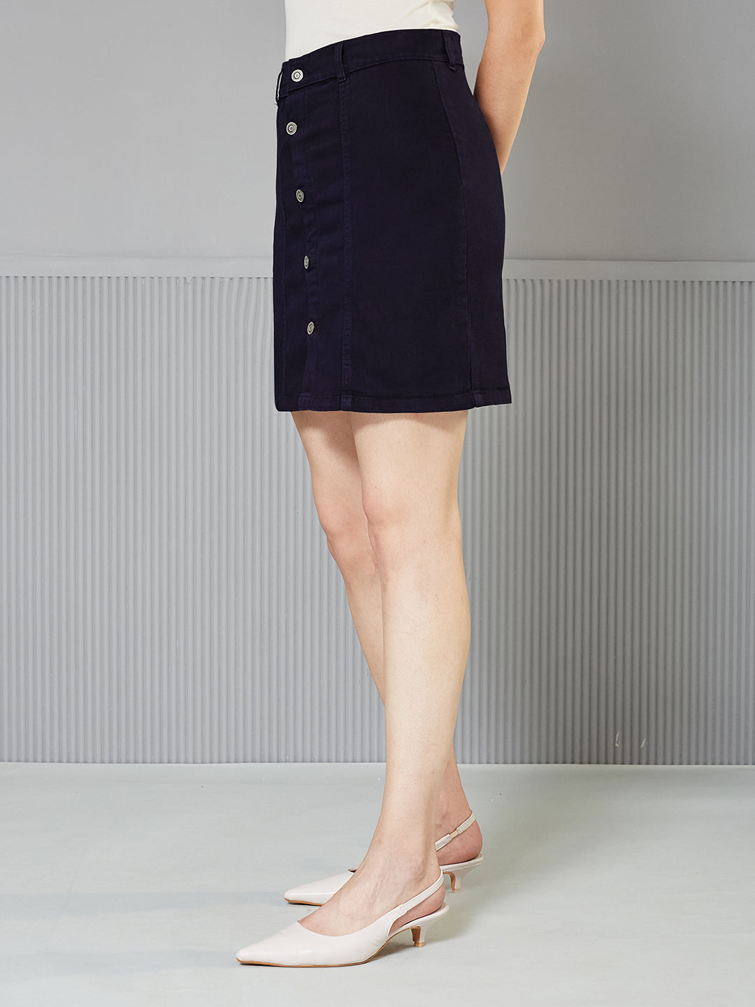 Navy-Blue Stretchable Solid A-line Mini Denim Skirt for Women