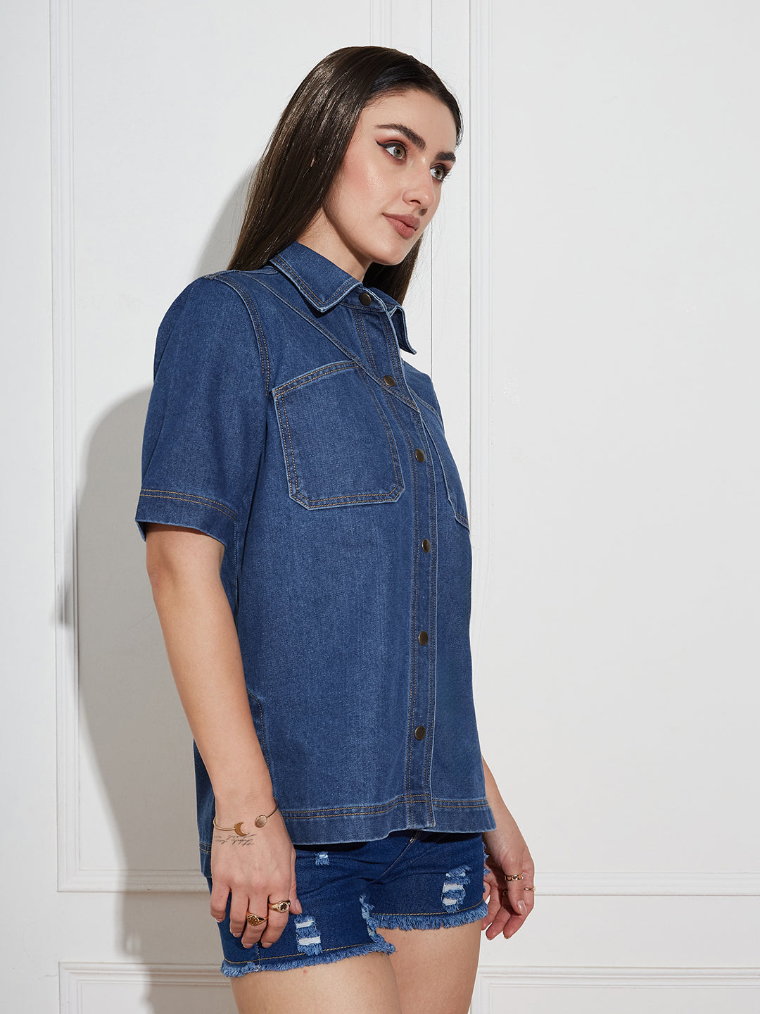 Women's Navy Blue Boxy Denim Shirt