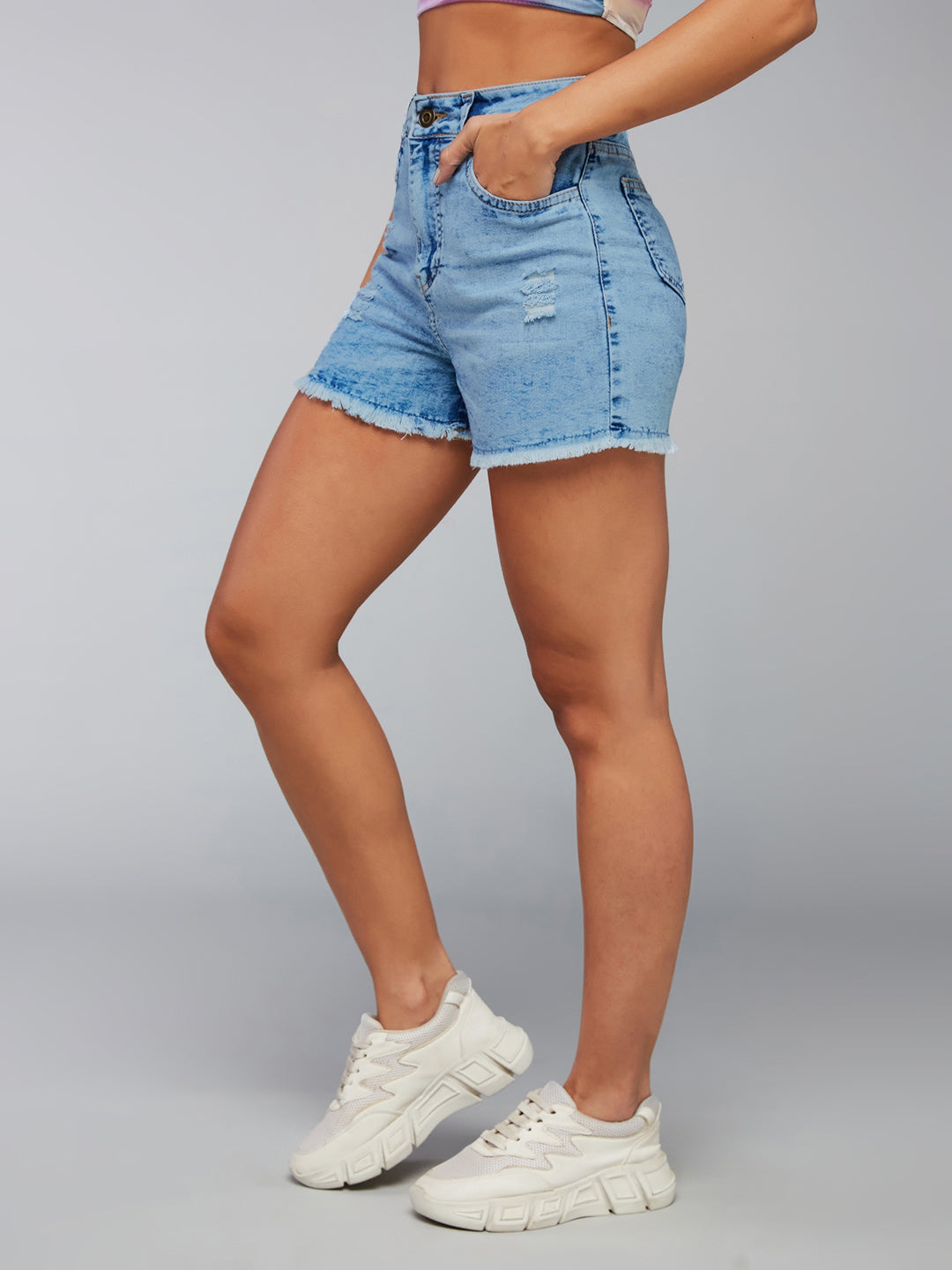 Women's Light Blue Relaxed Fit Mid Rise Highly Distressed Regular Denim Shorts