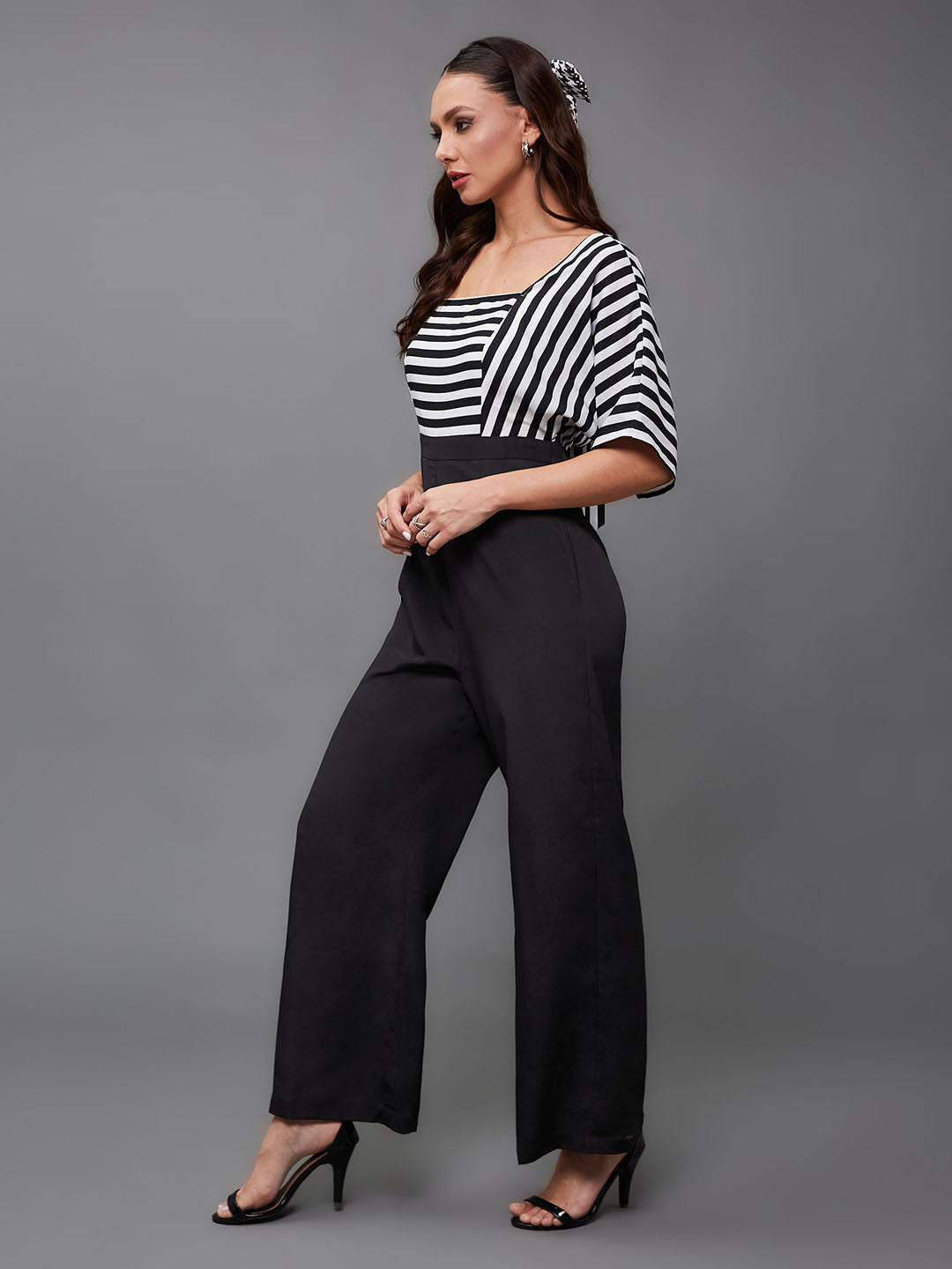 Women's Black & White Square Neck Half Sleeve Striped Back Tie-Up Regular Jumpsuit