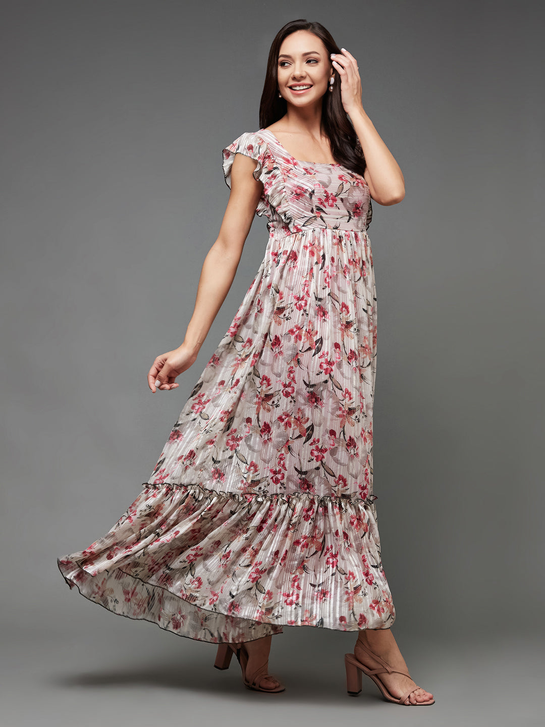 Off White Floral Pinted Fit and Flare Maxi Dress Long Dress Frock