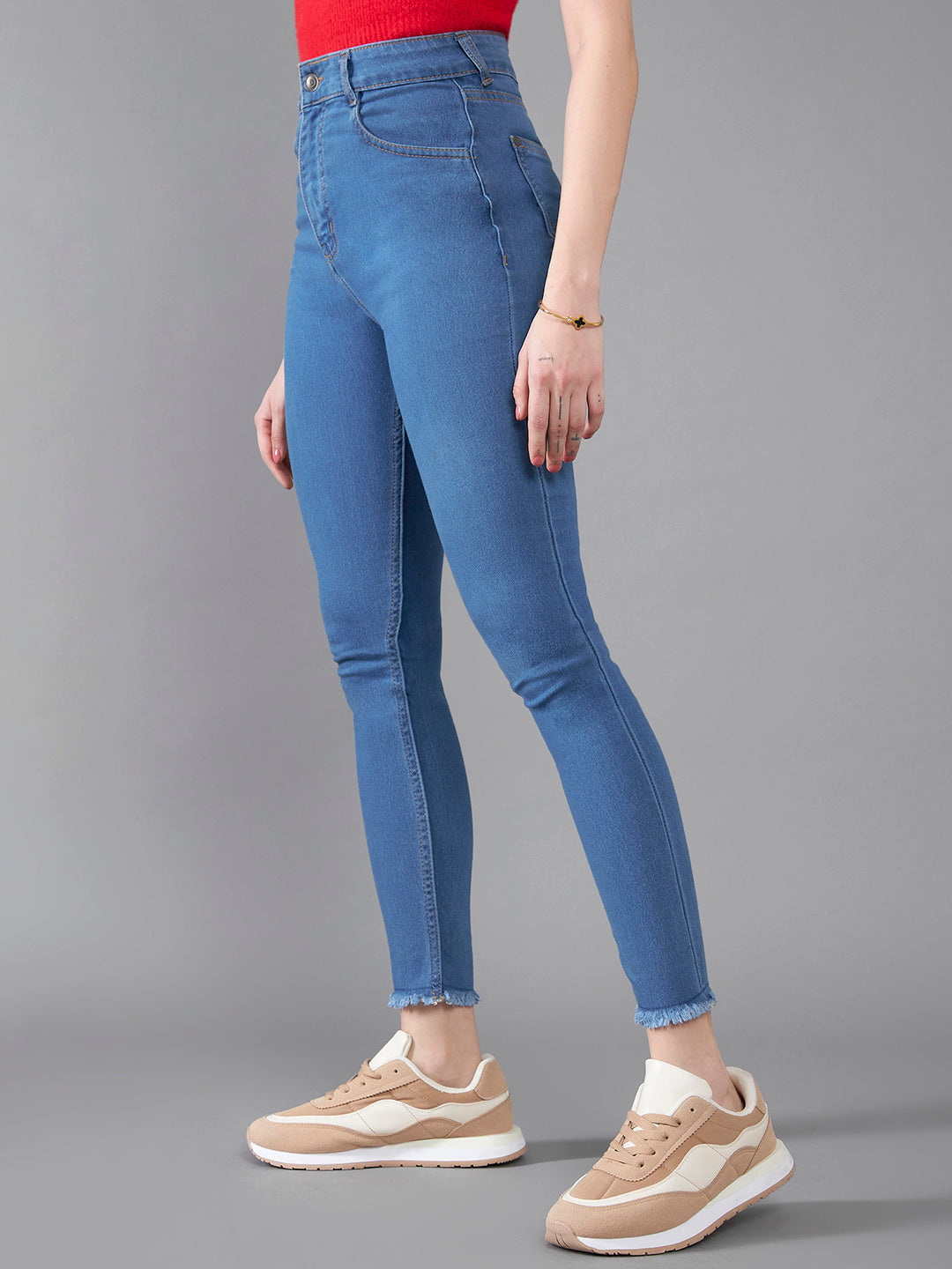 Women's Blue Skinny High-Rise Cropped-Length Fringe Detailing Stretchable Denim Jeans