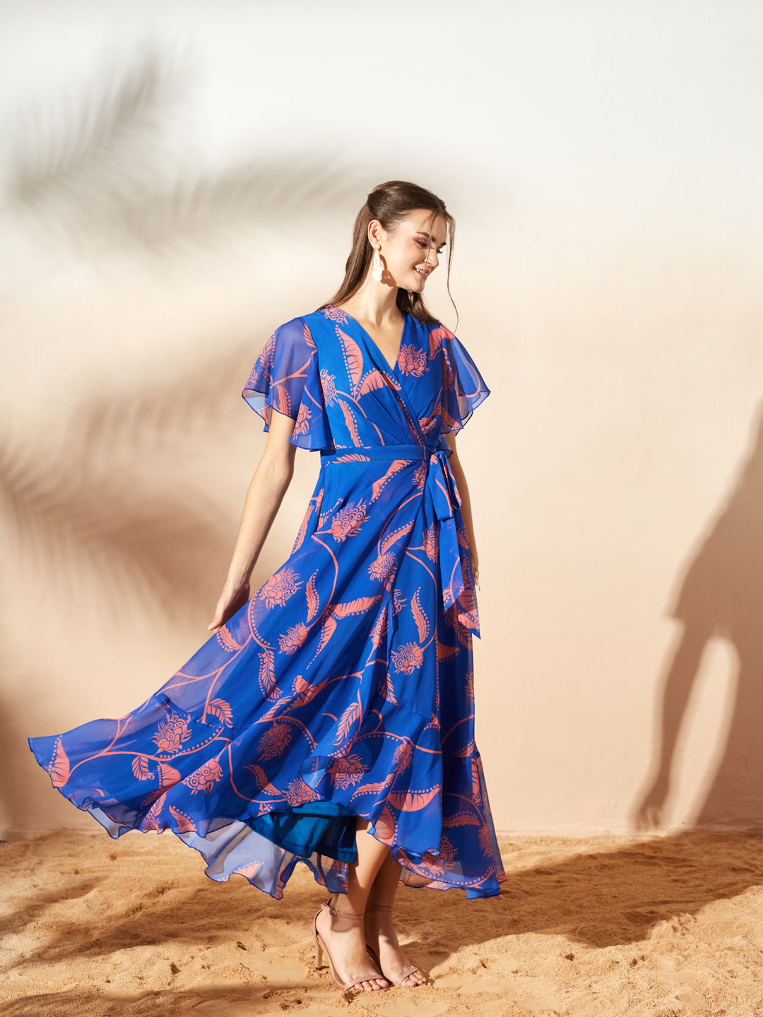 Royal Blue And Coral V-Neck Flared Floral Overlap/Tie-Up Maxi Chiffon Dress for Women
