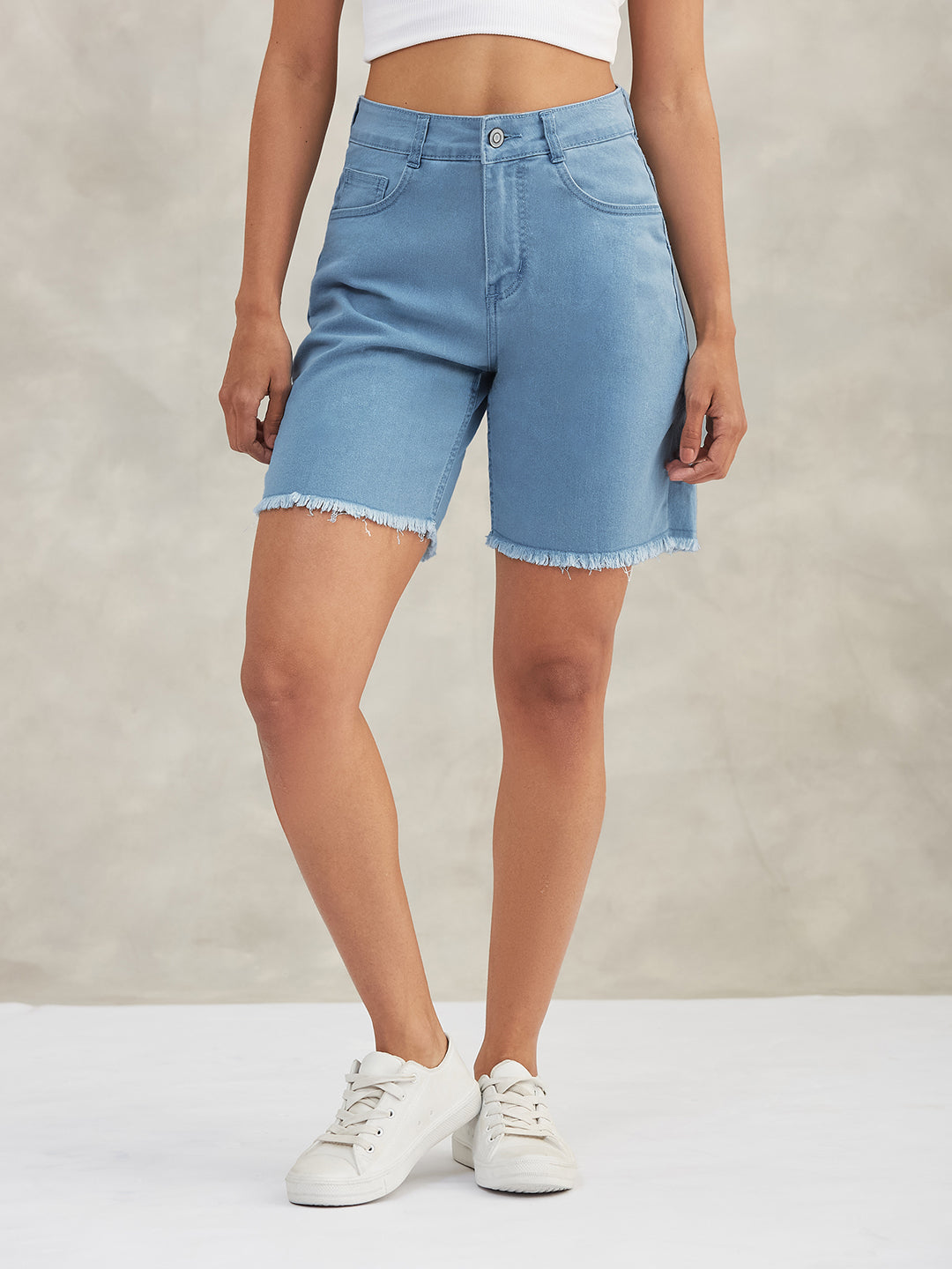 Women's Light Blue High-Rise Above-Knee Stretchable Denim Shorts