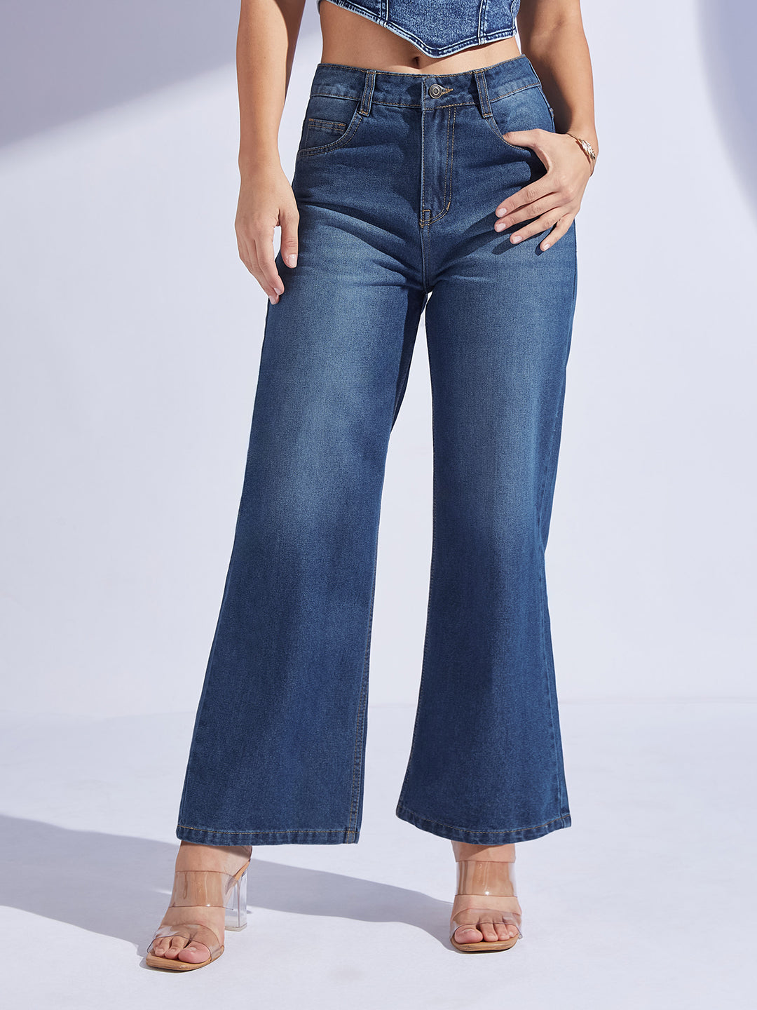 Women's Navy Blue Wide-Leg High-Rise Denim Jeans
