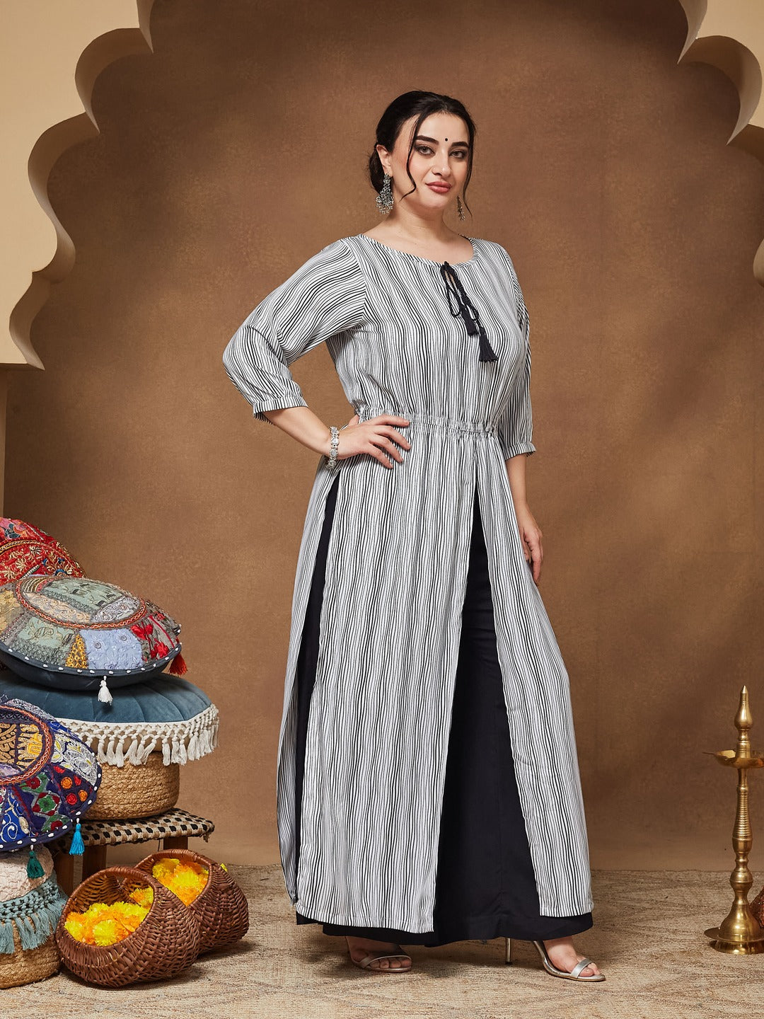 Black & White Round Neck 3/4 Sleeve Striped Tassel Tie-Up Detailing Maxi Top for Women — Miss Chase A+