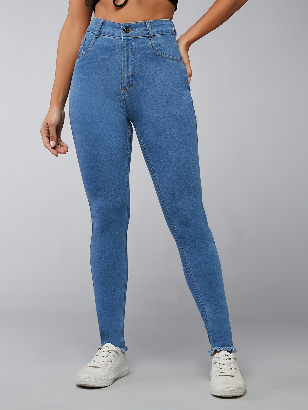 24/7 Comfort Mid-Blue Skinny-Fit High-Rise Fringe And Side Zipper Detailing Cropped Denim Jeans for Women